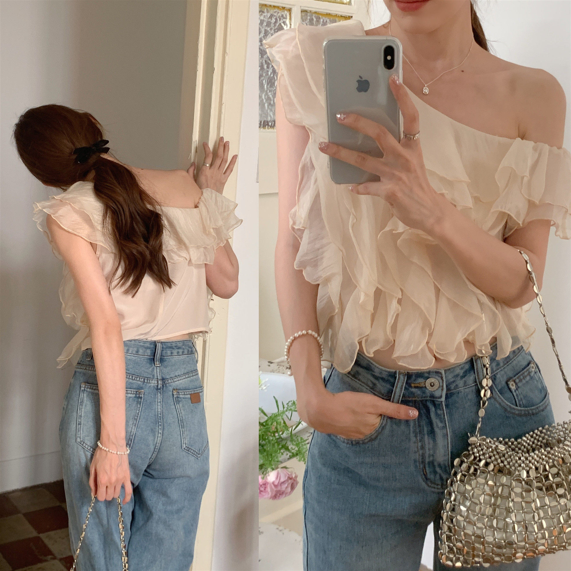 Ruched Shirts Women Sexy Off Shoulder Ruffles Blouse衬衫衣女