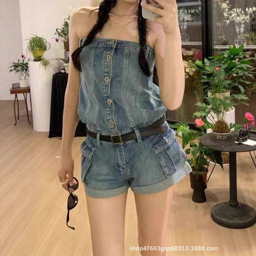 New American Retro Hot Denim Shorts Women Versatile Jumpsuit