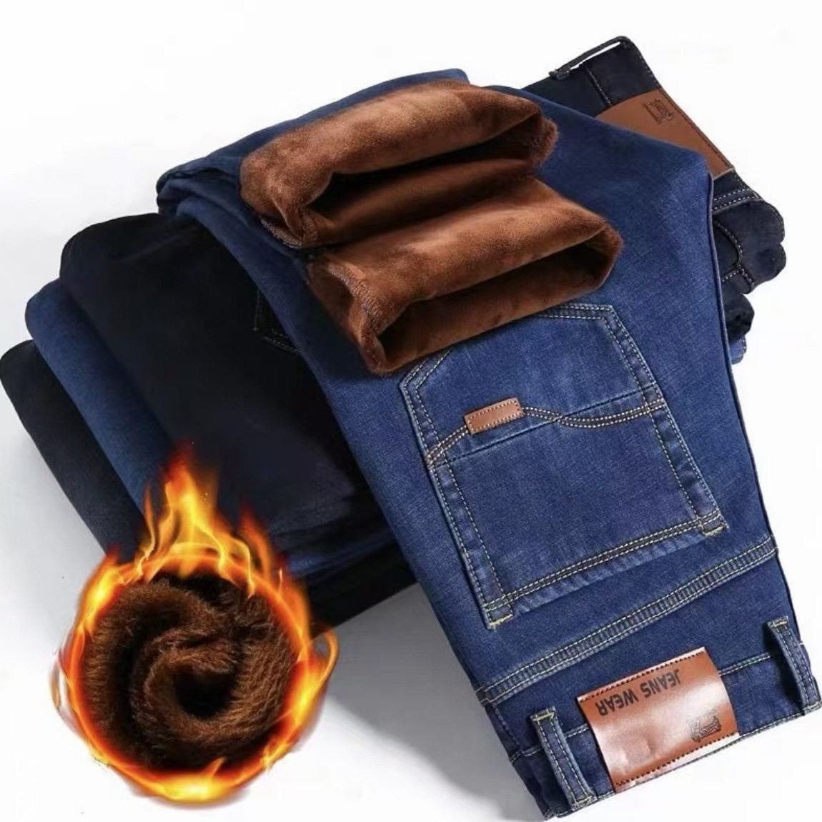 加绒牛仔裤男直筒休闲百搭宽松男裤中腰耐磨工作长裤子baggy