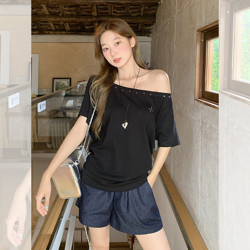 women sexy off shoulder t-shirt lady crop top韩系烫钻柳丁