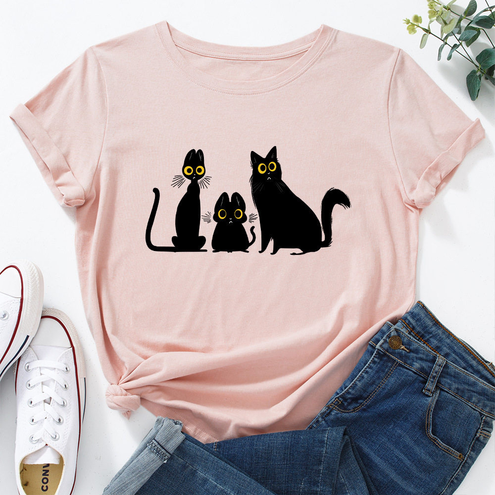 women cotton tshirt 5xl 三只小猫宽松圆领纯棉短袖t恤女t-shirt图片