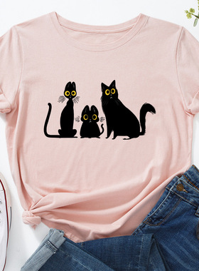 women cotton tshirt 5xl 三只小猫宽松圆领纯棉短袖t恤女t-shirt