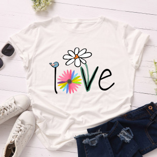 t恤女t women 宽松lvoe鸟儿花香圆领短袖 summer cotton tshirt