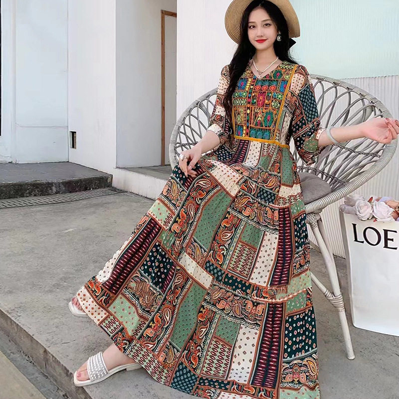 long dress women maxi vestidos boho beach棉绸沙滩裙民族风大