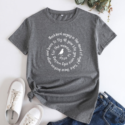 Cotton tshirts for women Tee Tops 女装大码字母鸟印花纯棉圆领