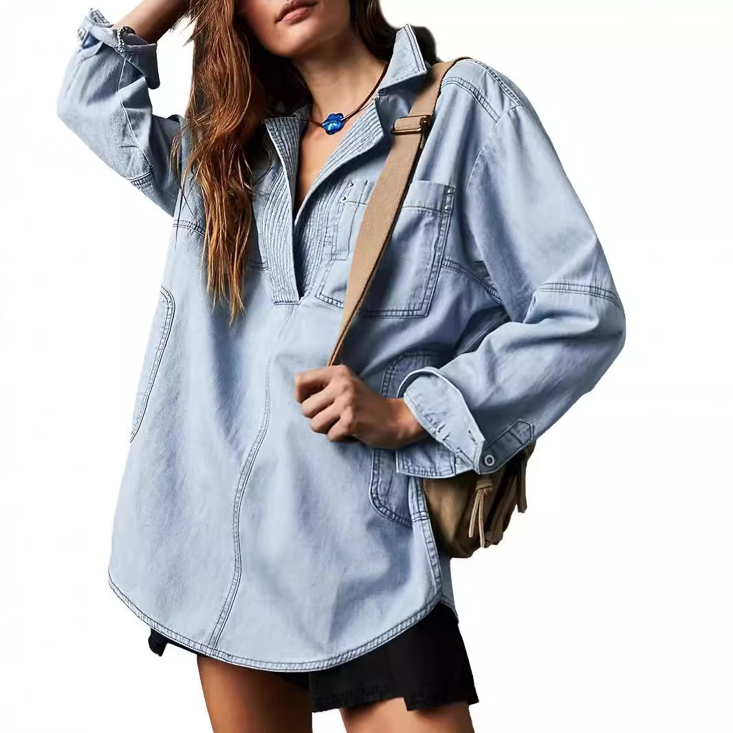 stylish denim tops for women牛仔外套新款欧美长袖外套v领时尚