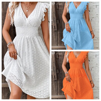 White Hollow Midi Dresses Women Summer Ladies Beach Sundress