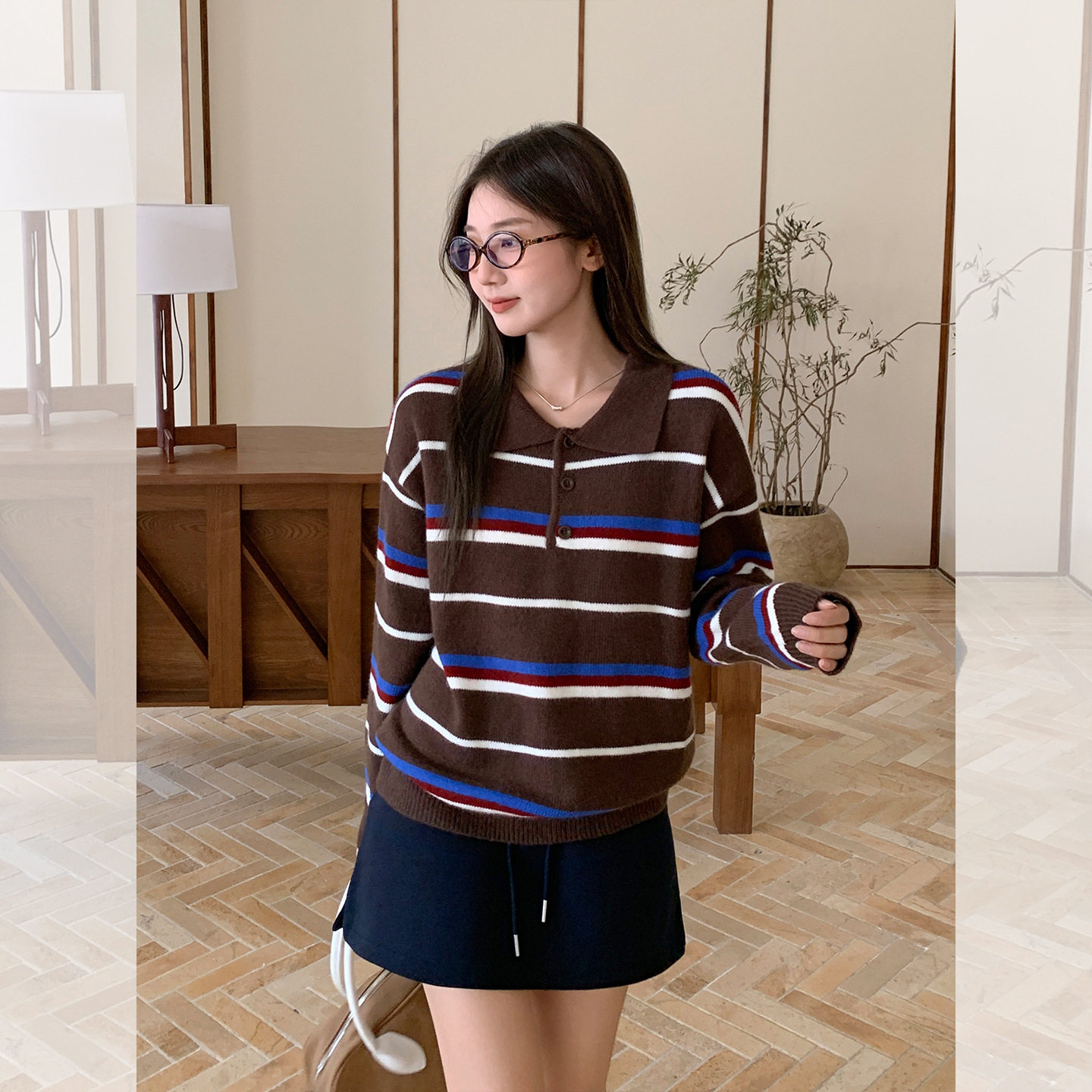 fashion women striped tops blouse秋冬穿搭复古条纹设计感撞色