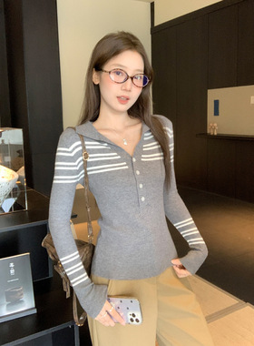 fashion women striped tops blouse灰色条纹翻领针织衫长袖t恤