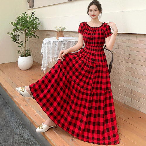 26新花人棉碎花一字连衣裙沙滩裙波西米亚长裙女dress maxi women