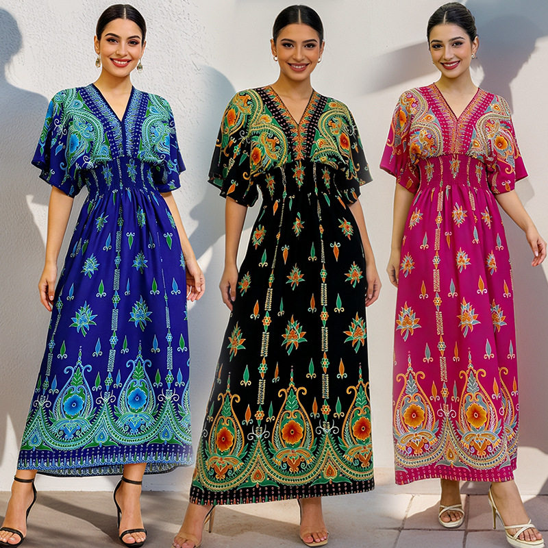 long dress women maxi vestidos boho beach民族风v领棉绸短袖