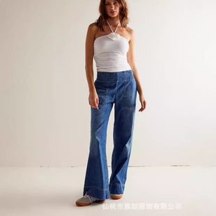 Women's elastic waist flare Jeans新款松紧中腰宽松牛仔裤女new