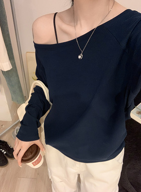 women sexy off shoulder t-shirt lady crop top藏蓝色辣妹性感