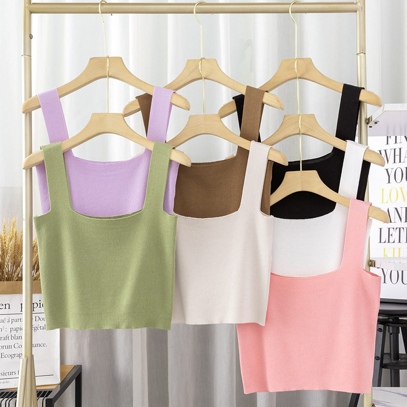 knitted vest sleeveless t-shirt方领针织小吊带背心女内搭打底