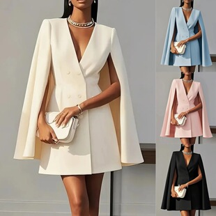 cloak women new dress 连衣裙 poncho通勤双排扣披肩斗篷纯色西装