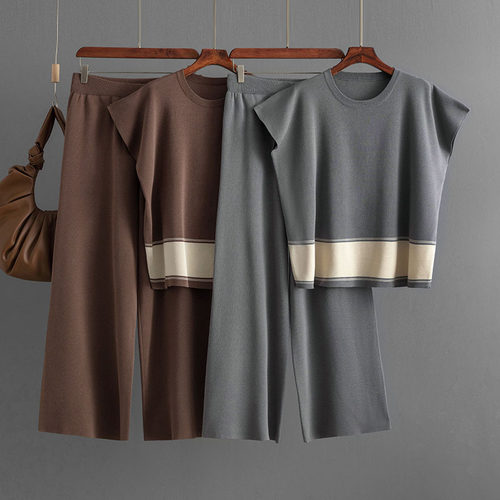 高级感套装女针织衫宽松显瘦高腰阔腿裤knitted tshirt pants set