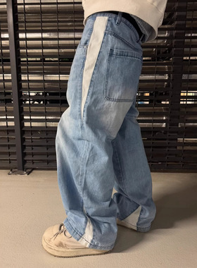 Men Baggy jeans Man 新款美式潮流复古水洗做旧浅蓝显瘦阔腿牛仔