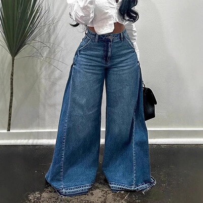 women baggy jeans阔腿牛仔裤女y2k蓝色水洗拼接喇叭裤宽松拖地