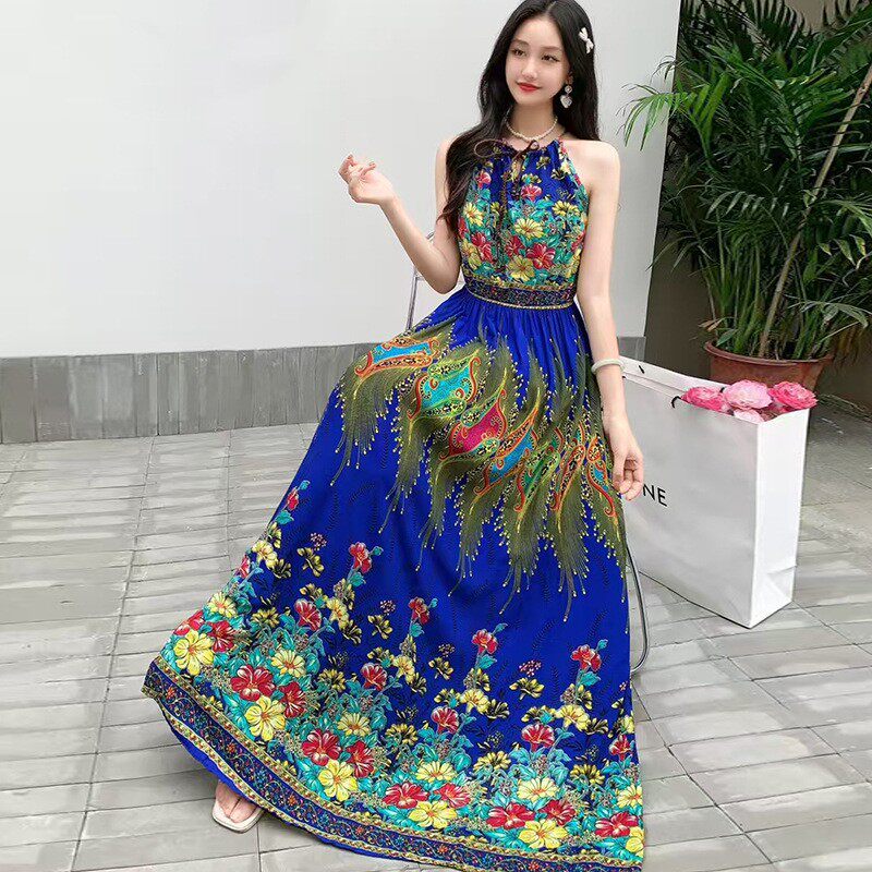 棉绸吊带连衣裙民族风碎花大摆裙Dress Women Ladies Beach boho