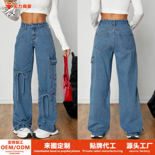 fashion women jeans sexy low rise denim pants欧美蝴蝶结系带