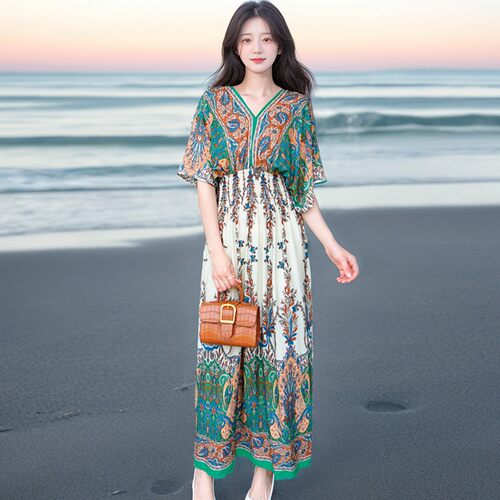 long dress women maxi vestidos boho beach民族风v领棉绸短袖
