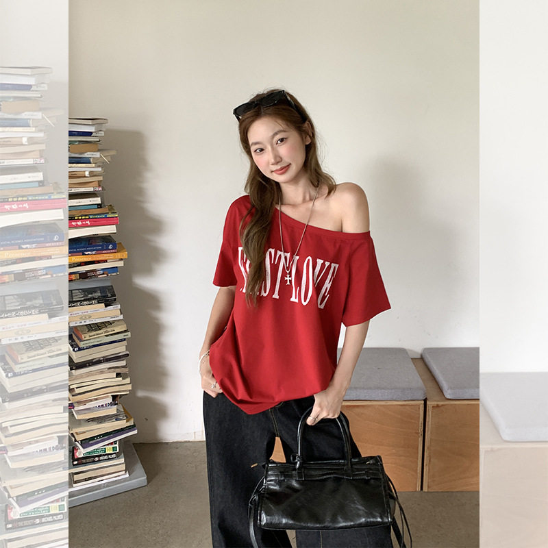 women sexy off shoulder t-shirt lady crop top多巴胺字母斜肩