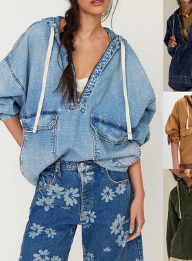 stylish denim tops for women25欧美新品 时尚宽松休闲洗水连帽