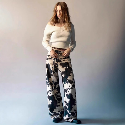Vintage Cow Print Jeans Women Y2k Baggy HipHop Denim Trouser
