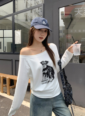 women sexy off shoulder t-shirt lady crop top慵懒风白色小狗