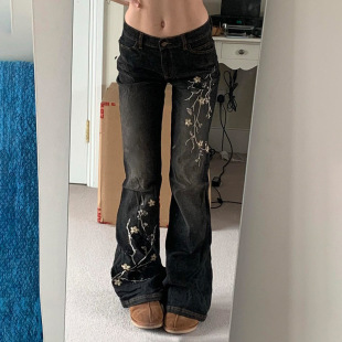 Vintage Jeans Womens Low Flared Floral Rise Embroidery