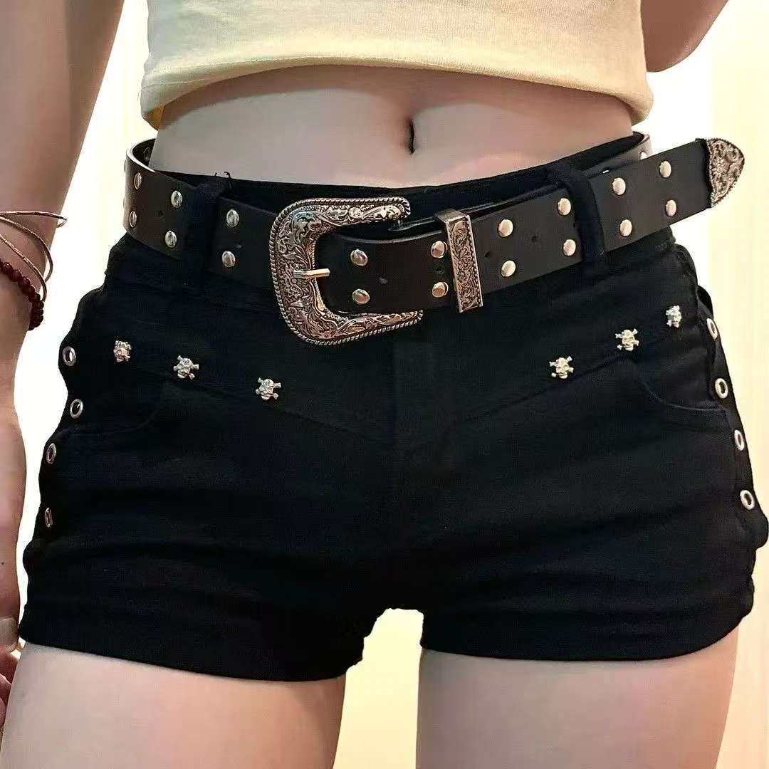 Jeans美式辣妹暗黑y2k包臀小黑裤铆钉设计感牛仔超短裤女低腰显瘦