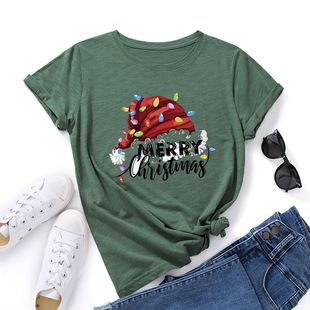 christmas cotton tshirts women xmas tee tops 圣诞帽宽松圆领