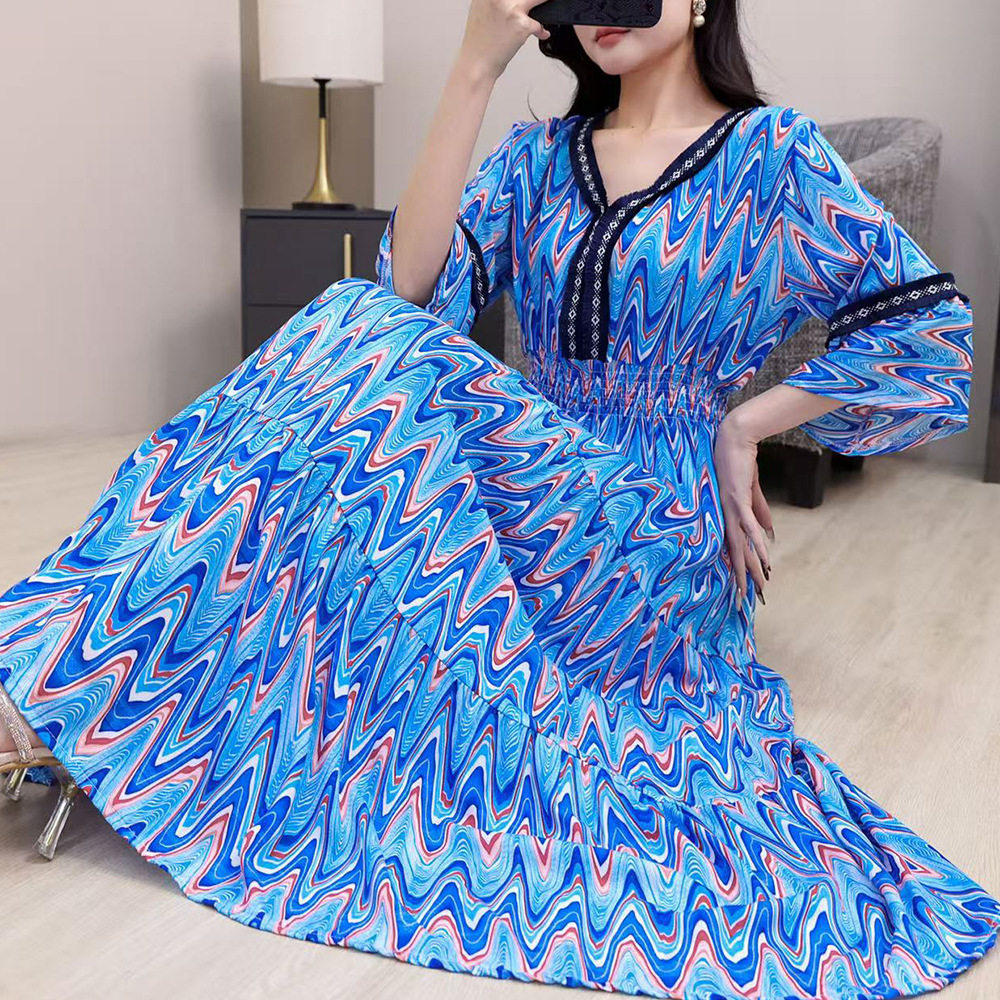 long dress women maxi vestidos boho beach波西米亚碎花长裙v领