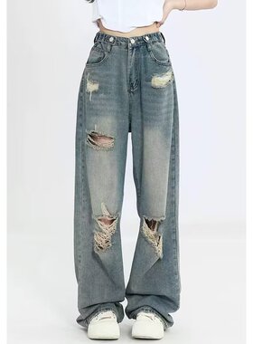 womens retro hole-punched jeans high waist loose slim design