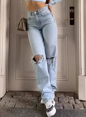 women Hole-punched jeans denim pants新宽松牛仔裤女破洞长裤潮