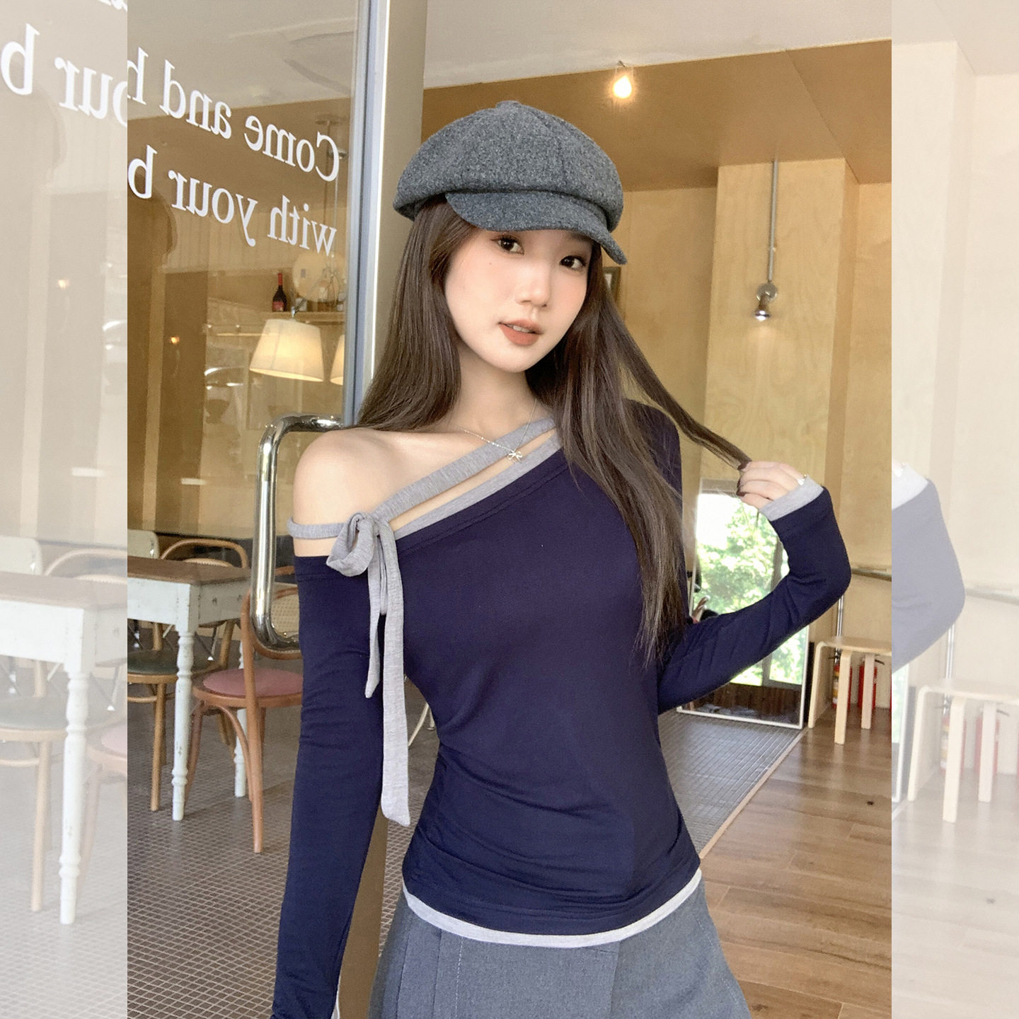 women sexy off shoulder t-shirt female crop top纯欲斜肩拼接