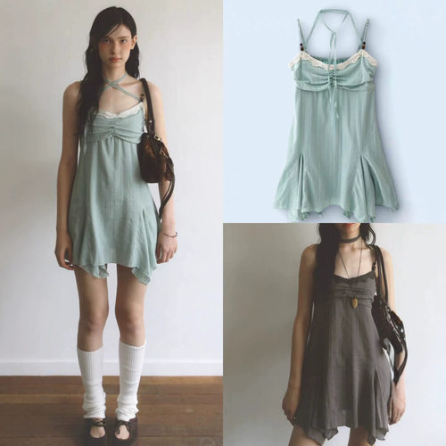 Halter Slip Dress Lace Trim Bust Drawstring Mini Dress带裙裙
