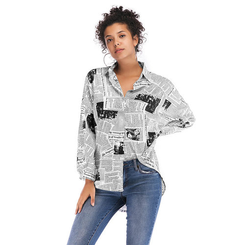 Trendy Shirt Blouse Newspaper Print Shirt Loose Shirt Tops女