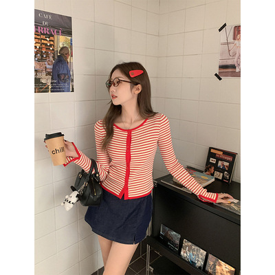 new tshirt women striped tops korean t-shirt辣妹条纹设计感