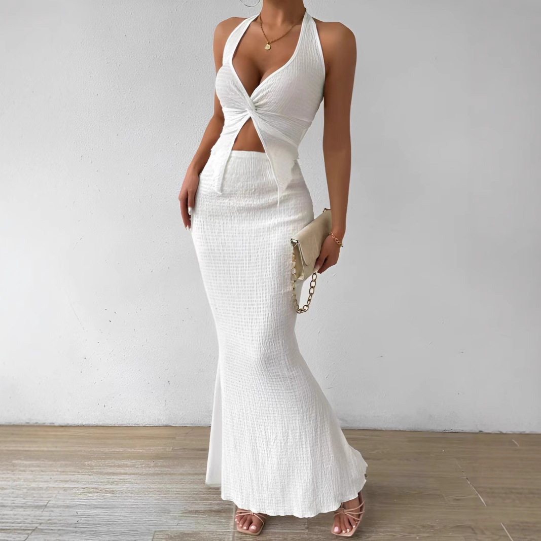 White Long Skirt Two Piece Summer Sexy Twist Vest Tops Dress图片