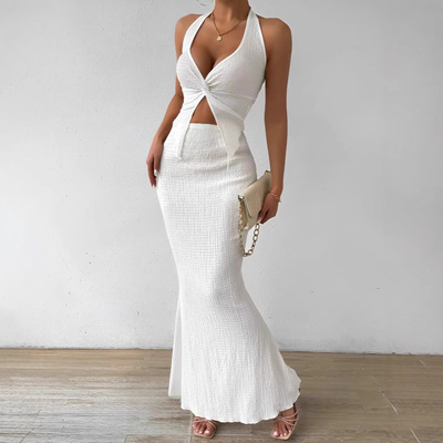 White Long Skirt Two Piece Summer Sexy Twist Vest Tops Dress