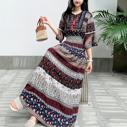 long dress women maxi vestidos boho beach民族风长裙高腰中袖