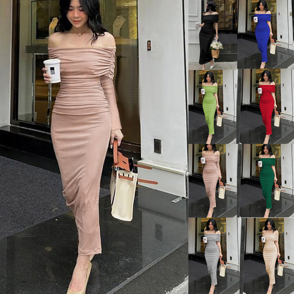 summer dress women elegant ladies vestidos2026欧美一字肩缩褶图片