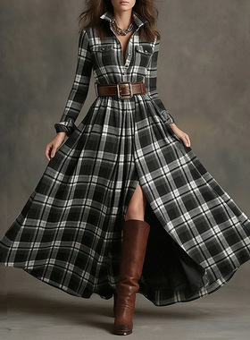 women dress ladies fashion dresses2026法式复古格子显瘦不规则