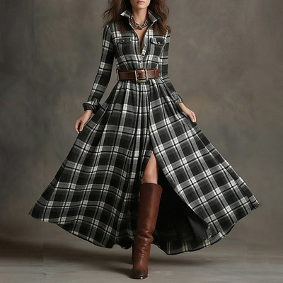 women dress ladies fashion dresses2026法式复古格子显瘦不规则