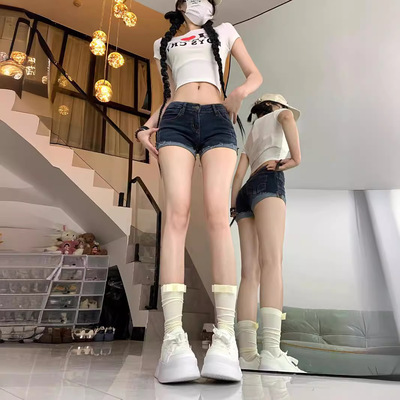Shorts jeans low rise jeans大码胖mm牛仔短裤女超低腰露脐弹力