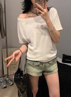 women sexy off shoulder t-shirt lady crop top白色纯色斜肩