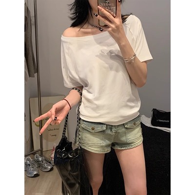 women sexy off shoulder t-shirt lady crop top白色纯色斜肩