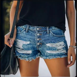 Denim Shorts Button Summer Faded Blue Front Light Women