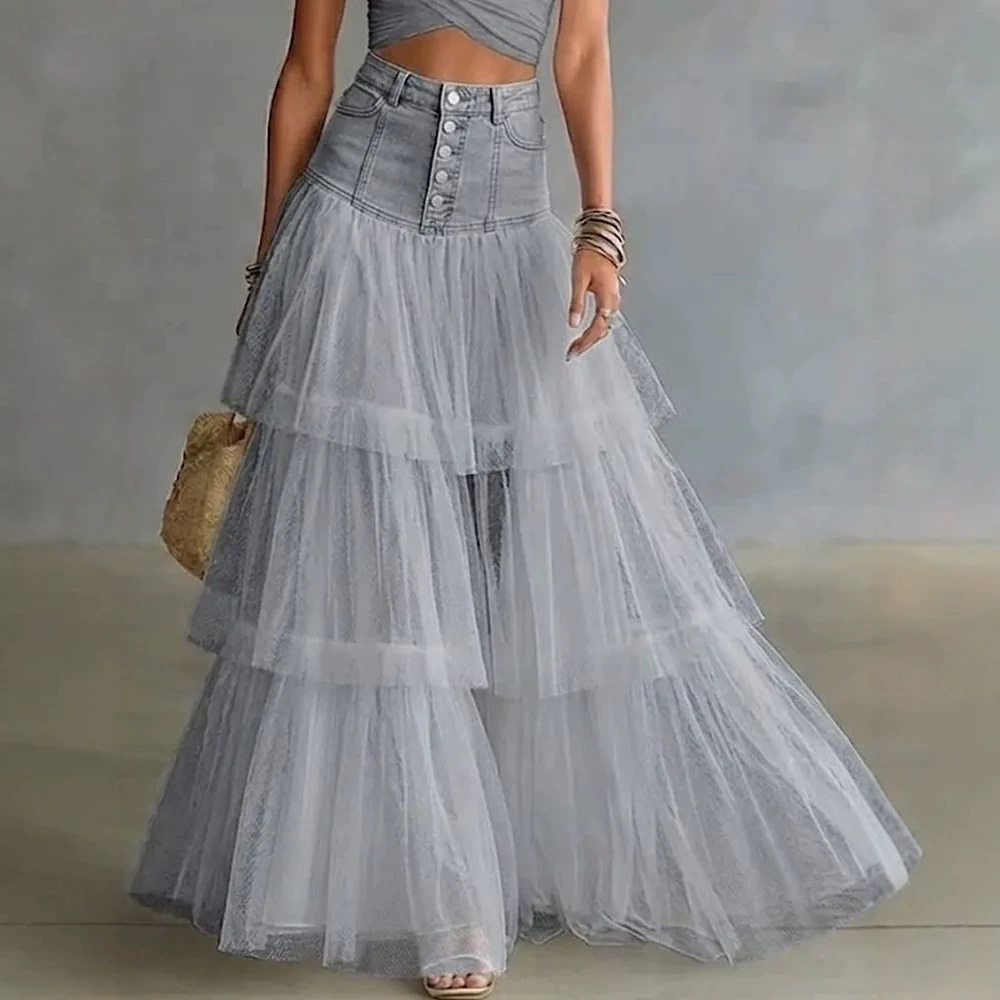 Maxi Skirt Woman Skirt Women High Waist Mesh Skirt高腰网纱裙
